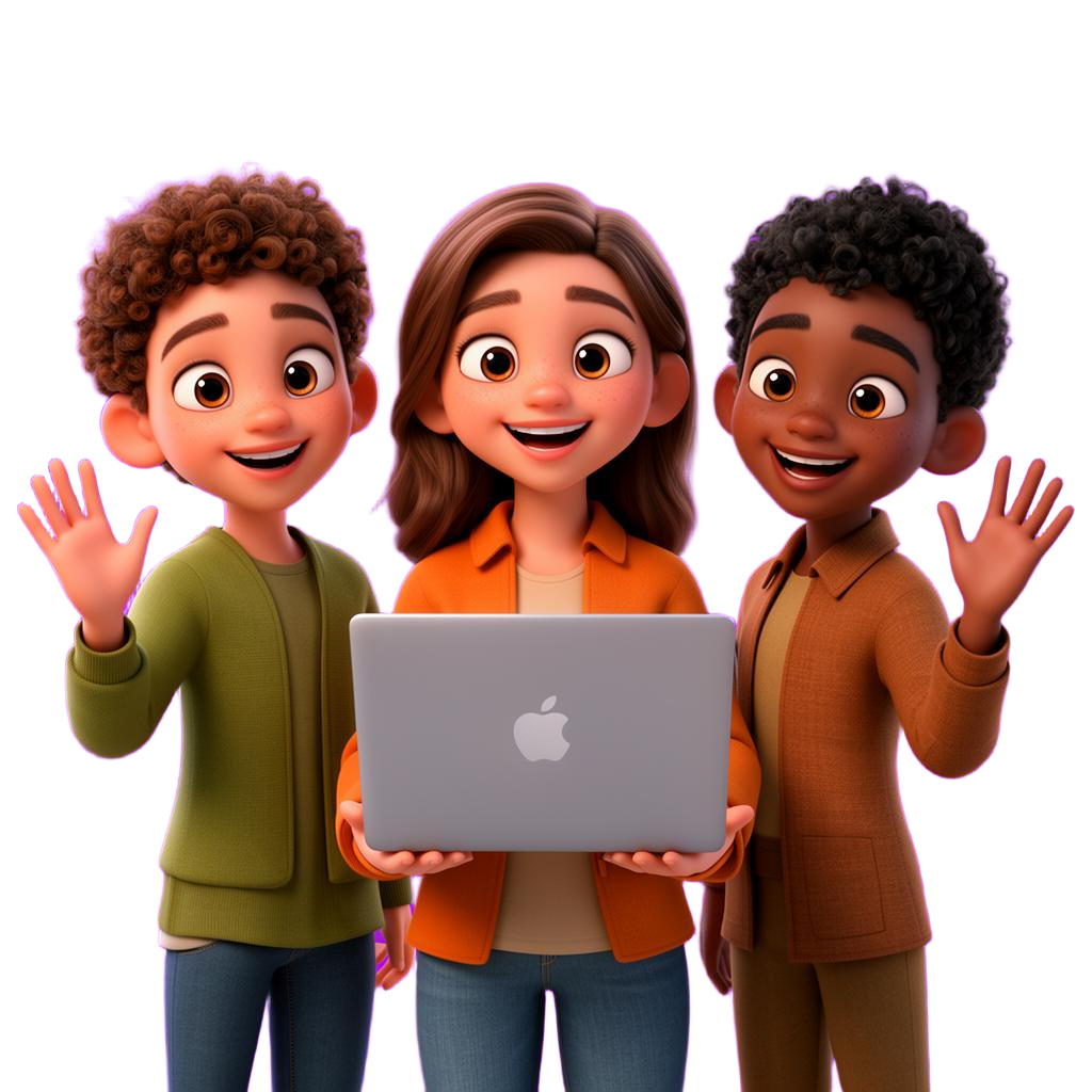Três personagens em estilo cartoon apresentando um notebook